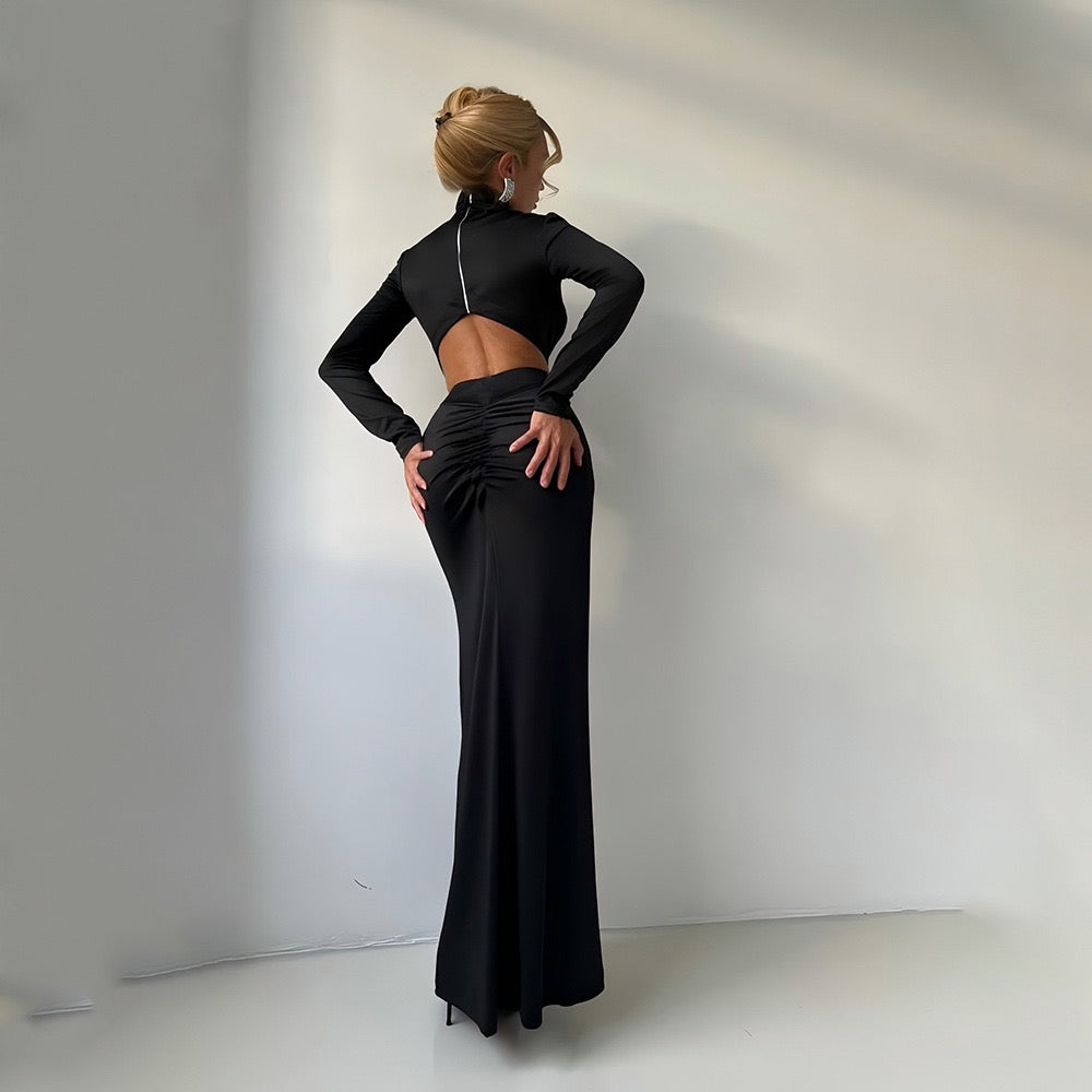 Maxi golf dress with zipper closure and open back and slit design - Noyal