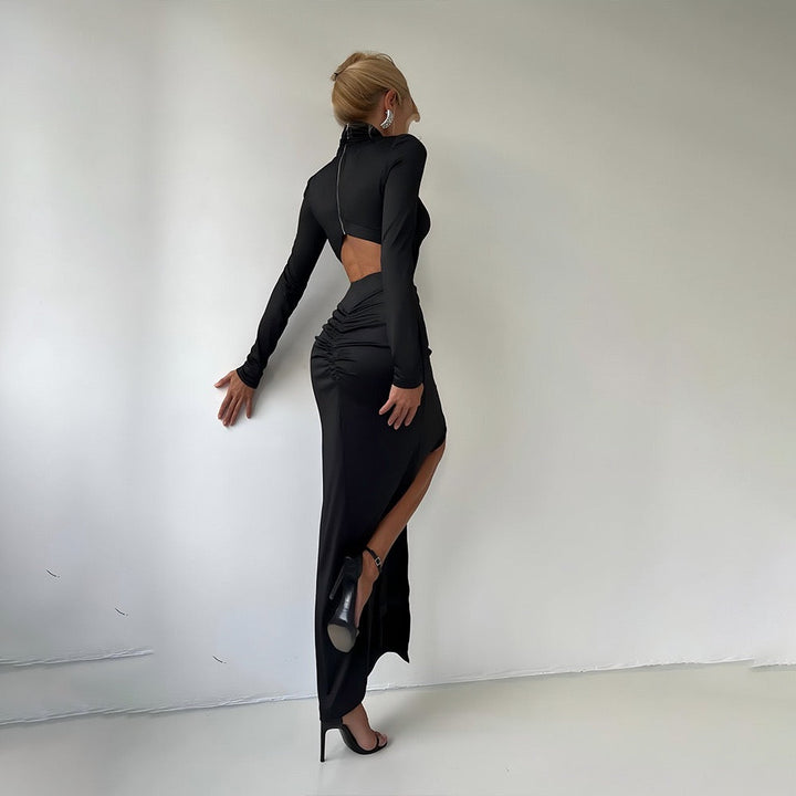 Maxi golf dress with zipper closure and open back and slit design - Noyal