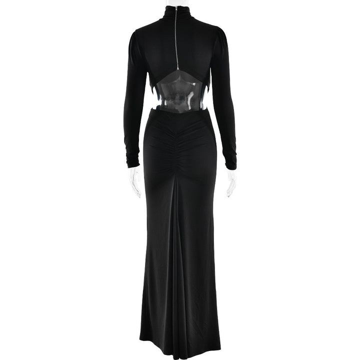 Maxi golf dress with zipper closure and open back and slit design - Noyal