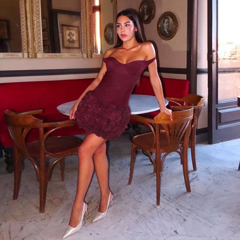 Off-the-shoulder mini dress with 3D floral design and scarf decoration - DAPHANY