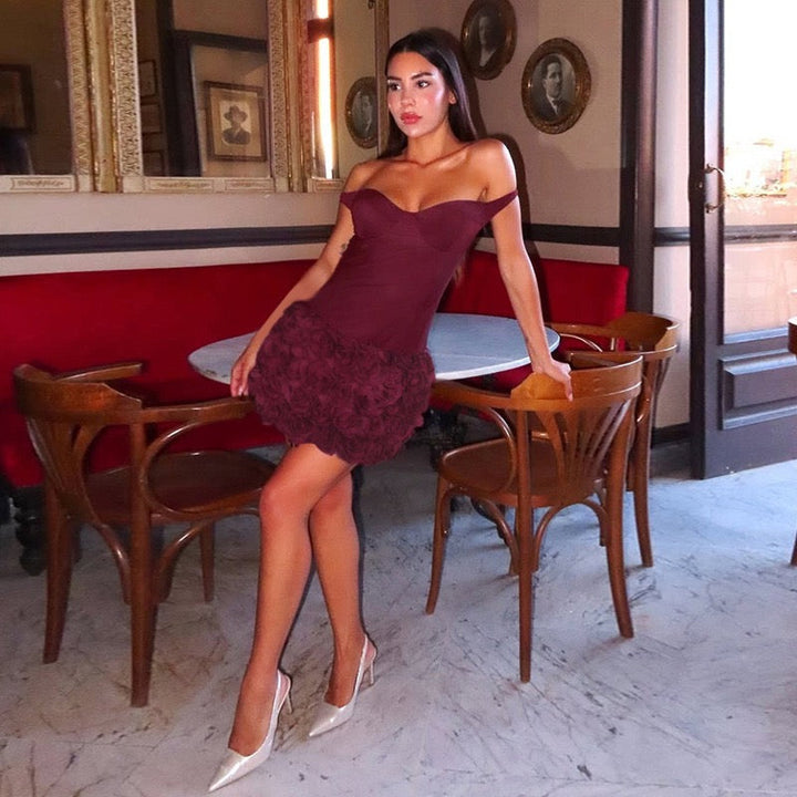 Off-the-shoulder mini dress with 3D floral design and scarf decoration - DAPHANY