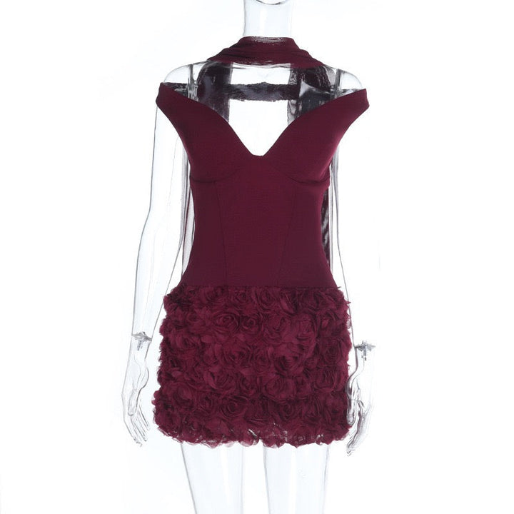 Off-the-shoulder mini dress with 3D floral design and scarf decoration - DAPHANY