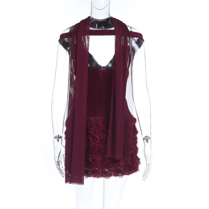 Off-the-shoulder mini dress with 3D floral design and scarf decoration - DAPHANY