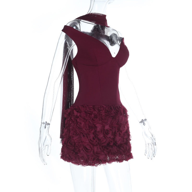 Off-the-shoulder mini dress with 3D floral design and scarf decoration - DAPHANY