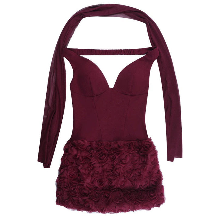 Off-the-shoulder mini dress with 3D floral design and scarf decoration - DAPHANY