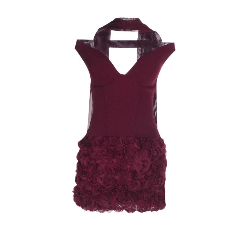 Off-the-shoulder mini dress with 3D floral design and scarf decoration - DAPHANY