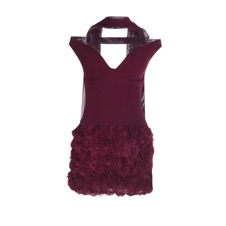 Off-the-shoulder mini dress with 3D floral design and scarf decoration - DAPHANY