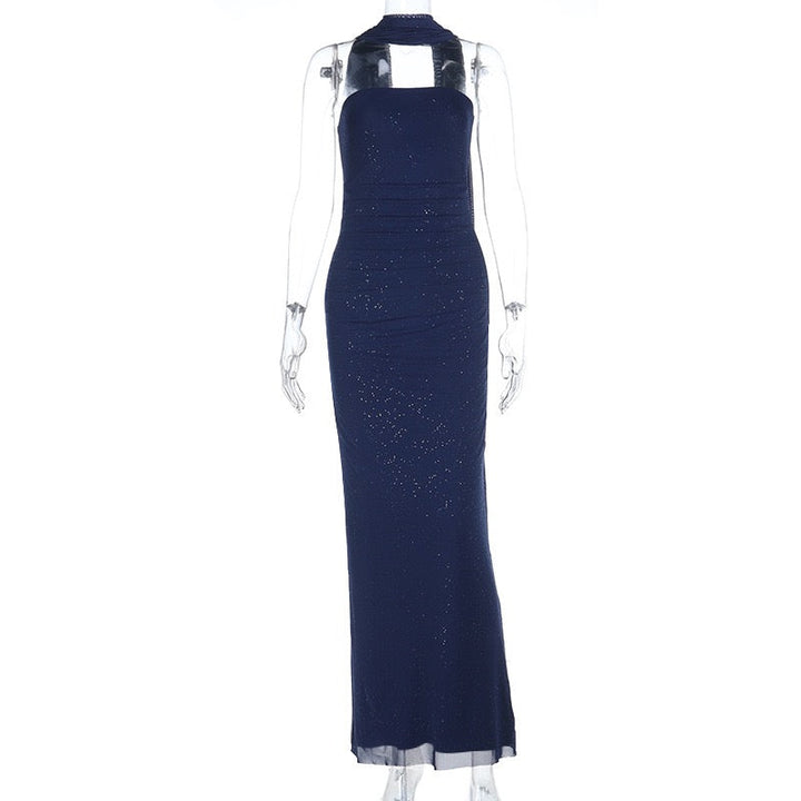 Sequined strapless maxi dress with matching scarf - Miamore