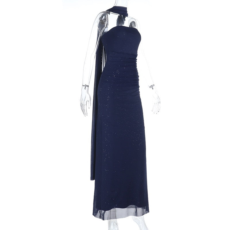 Sequined strapless maxi dress with matching scarf - Miamore