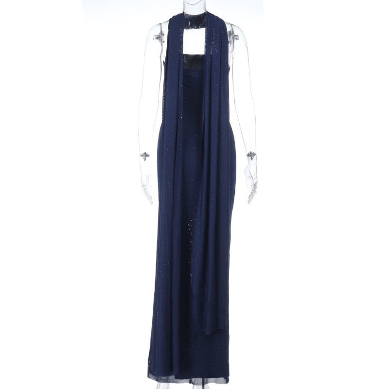 Sequined strapless maxi dress with matching scarf - Miamore