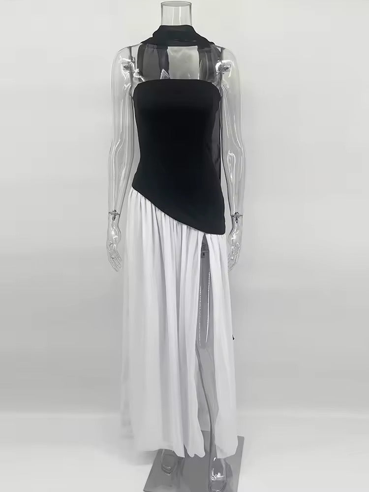 שמלת מקסי סטרפלס קשירה בגב בעיצוב חצאית שיפון בעיטור שסע וצעיף תואם - Zora