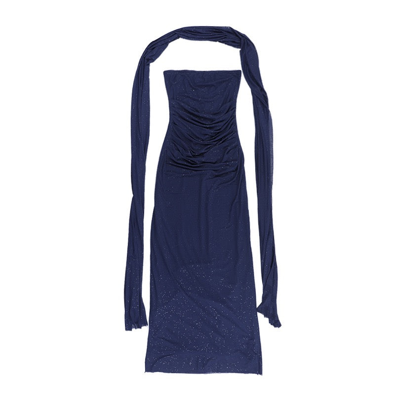 Sequined strapless maxi dress with matching scarf - Miamore
