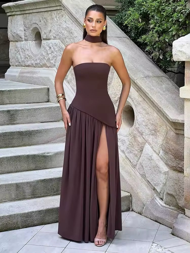 שמלת מקסי סטרפלס חלק תחתון שיפון בעיצוב שסע בעיטור צעיף תואם - Princess