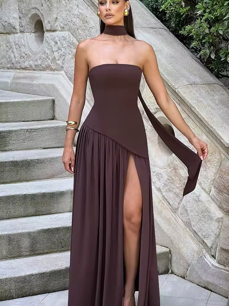 שמלת מקסי סטרפלס חלק תחתון שיפון בעיצוב שסע בעיטור צעיף תואם - Princess