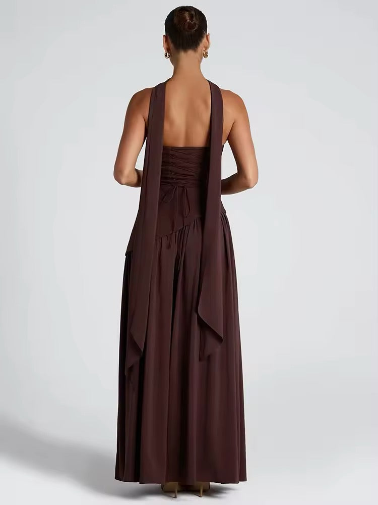 שמלת מקסי סטרפלס חלק תחתון שיפון בעיצוב שסע בעיטור צעיף תואם - Princess