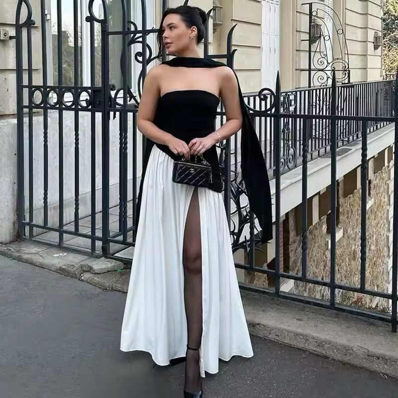 שמלת מקסי סטרפלס קשירה בגב בעיצוב חצאית שיפון בעיטור שסע וצעיף תואם - Zora