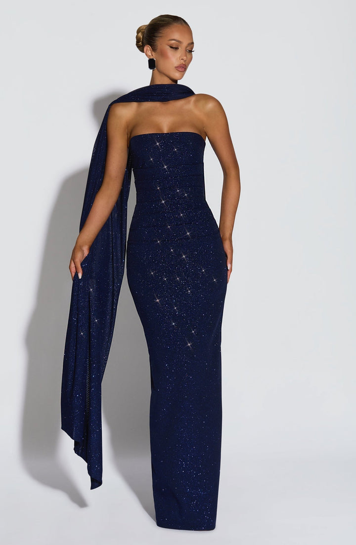 Sequined strapless maxi dress with matching scarf - Miamore