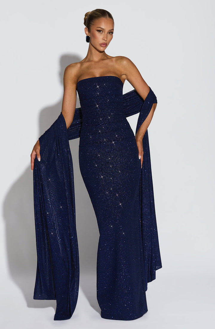 Sequined strapless maxi dress with matching scarf - Miamore