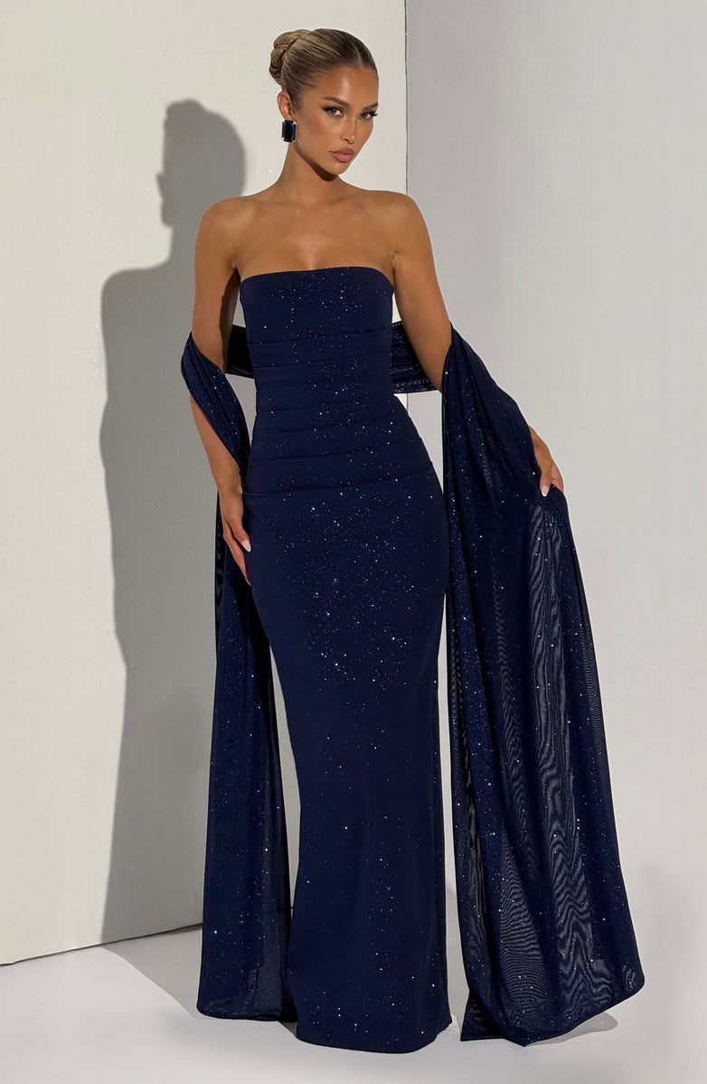 Sequined strapless maxi dress with matching scarf - Miamore