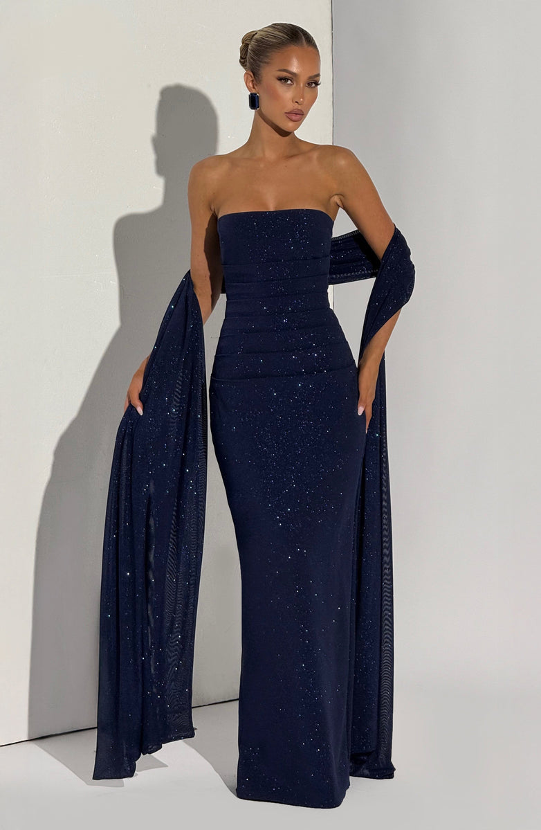 Sequined strapless maxi dress with matching scarf - Miamore