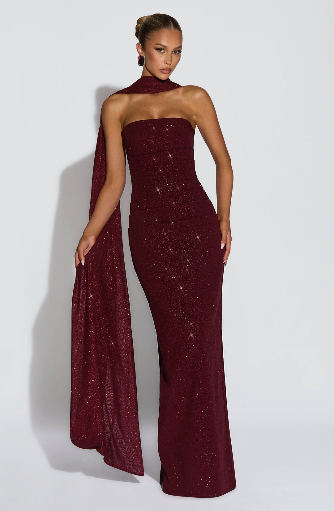 Sequined strapless maxi dress with matching scarf - Miamore