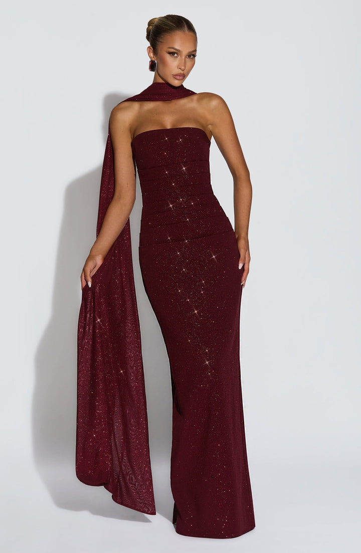 Sequined strapless maxi dress with matching scarf - Miamore