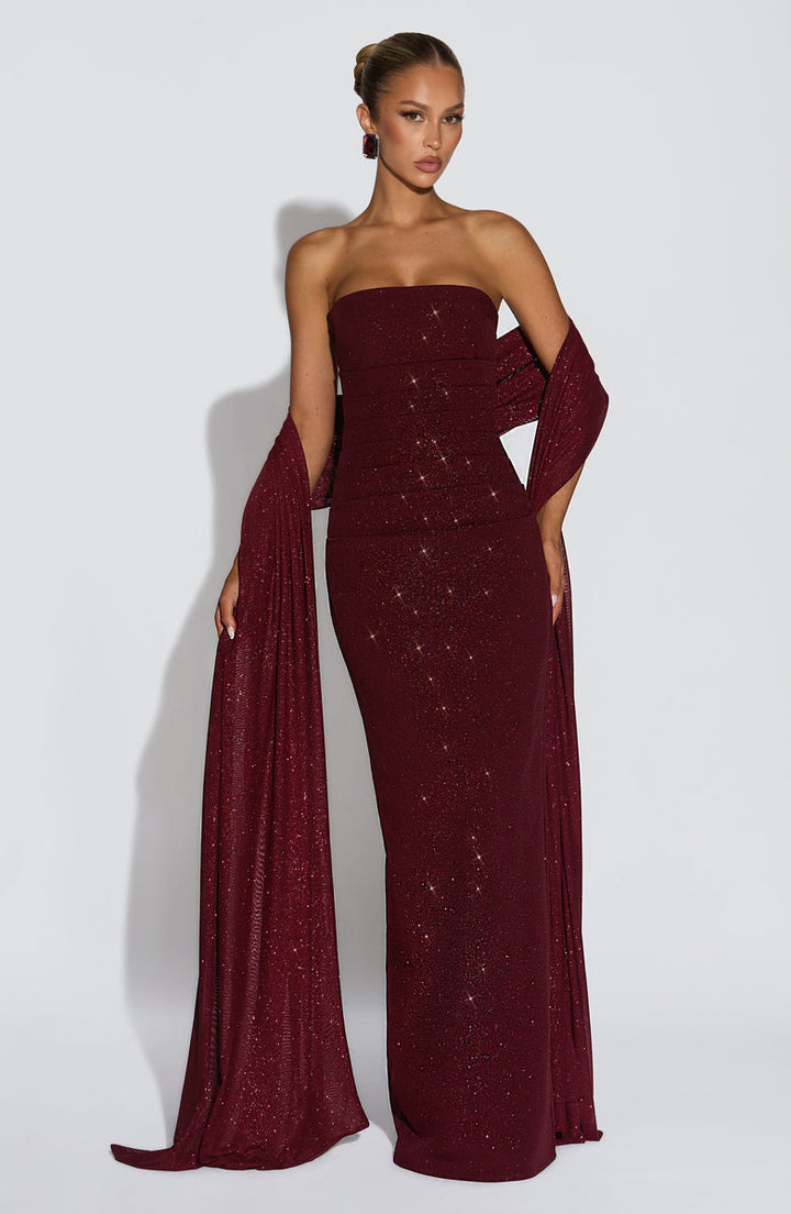 Sequined strapless maxi dress with matching scarf - Miamore