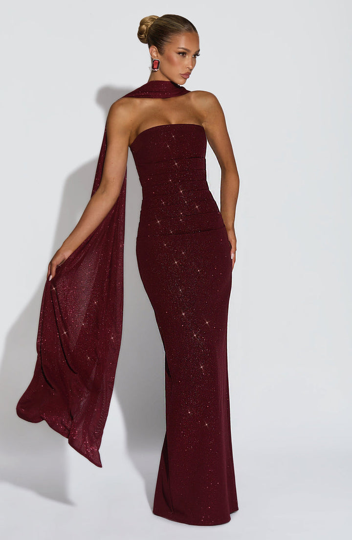 Sequined strapless maxi dress with matching scarf - Miamore