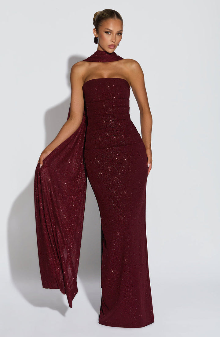 Sequined strapless maxi dress with matching scarf - Miamore