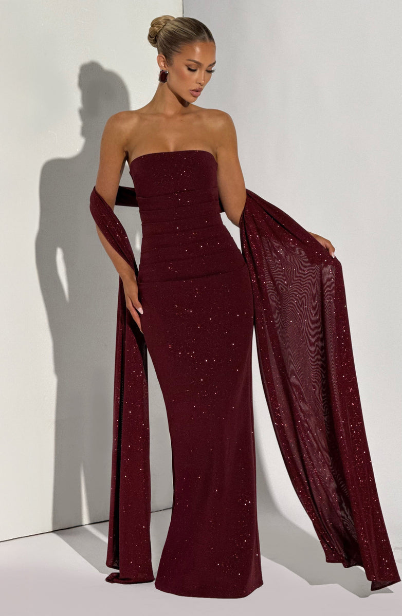 Sequined strapless maxi dress with matching scarf - Miamore