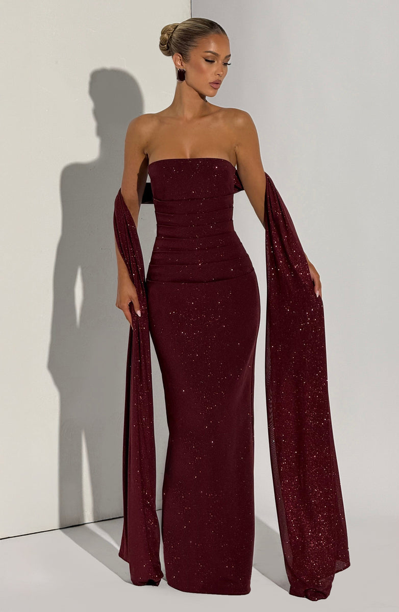 Sequined strapless maxi dress with matching scarf - Miamore