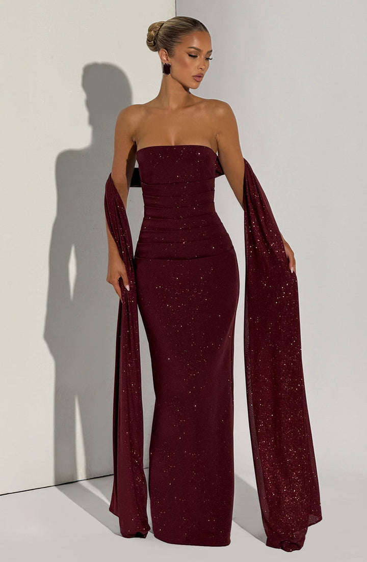 Sequined strapless maxi dress with matching scarf - Miamore
