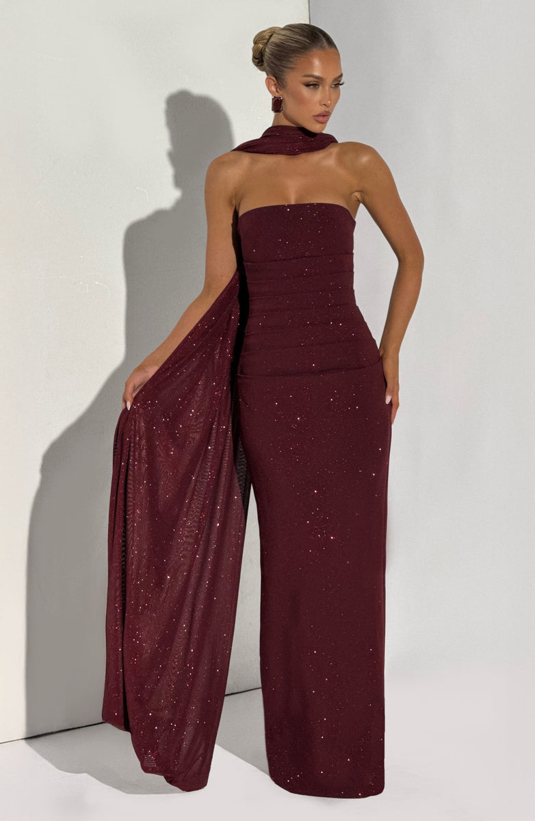 Sequined strapless maxi dress with matching scarf - Miamore