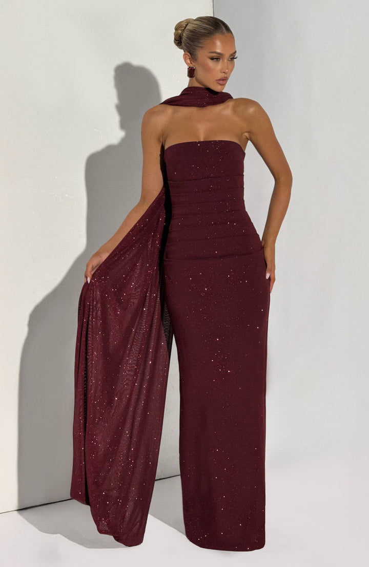Sequined strapless maxi dress with matching scarf - Miamore
