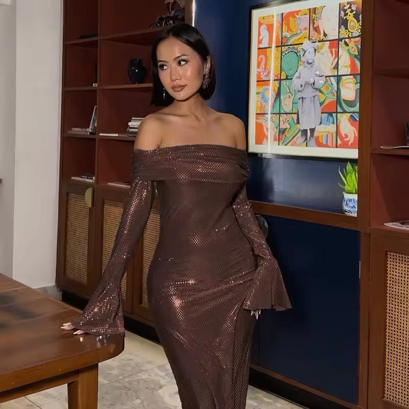 שמלת מקסי כתפיים חשופות בעיטור נקודות מנצנצות - LENA