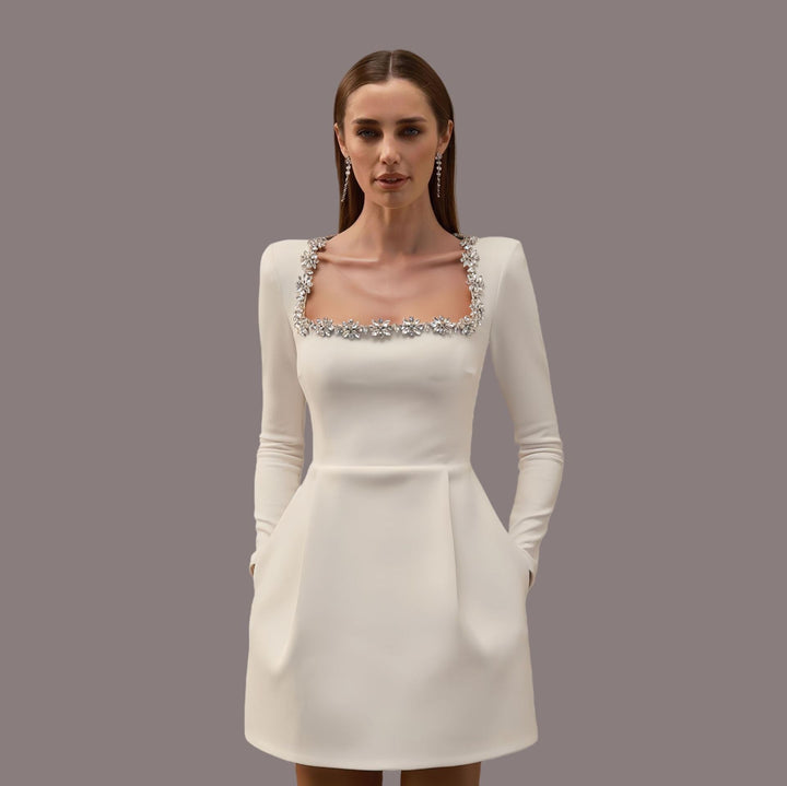 Elegant mini dress in shapewear fabric with diamond embellishment - Ayla