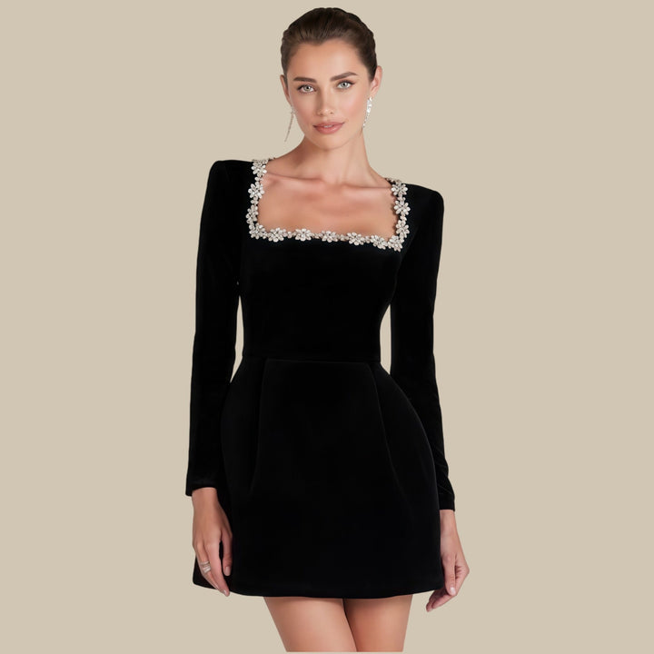 Elegant mini dress in shapewear fabric with diamond embellishment - Ayla