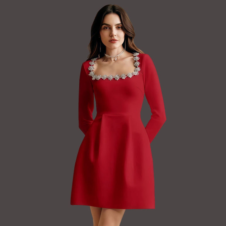 Elegant mini dress in shapewear fabric with diamond embellishment - Ayla