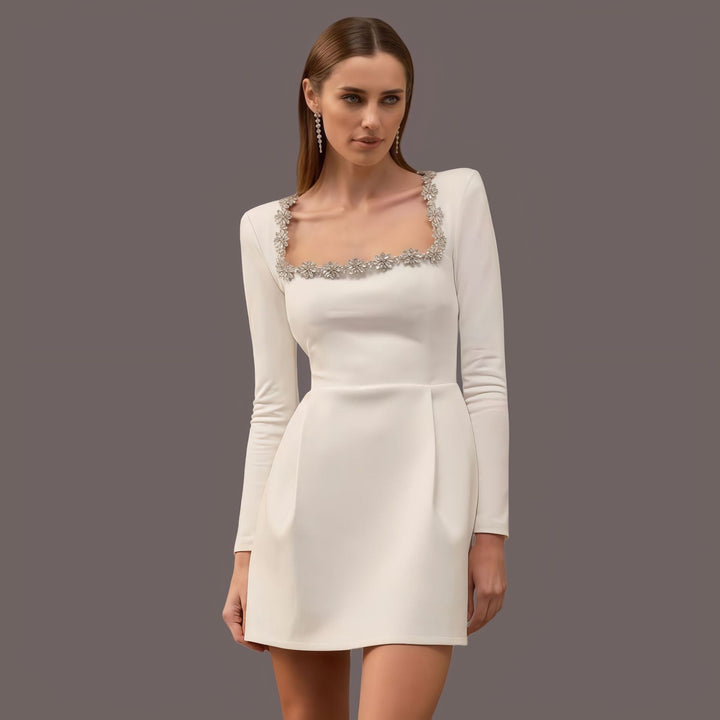 Elegant mini dress in shapewear fabric with diamond embellishment - Ayla