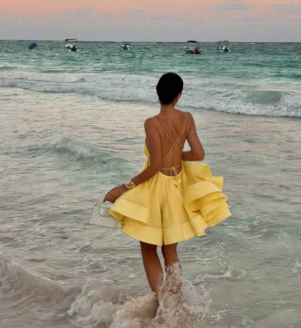 שמלת מיני שיפון מלמלה קשירות בגב - טולום