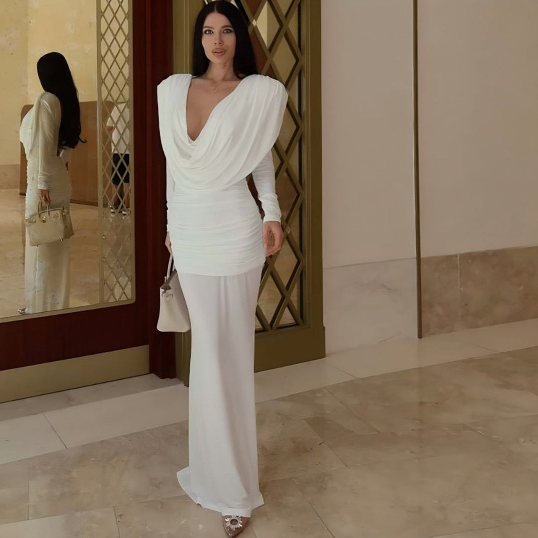 Maxi dress with gathers, pleats design, and open back - ANAEL