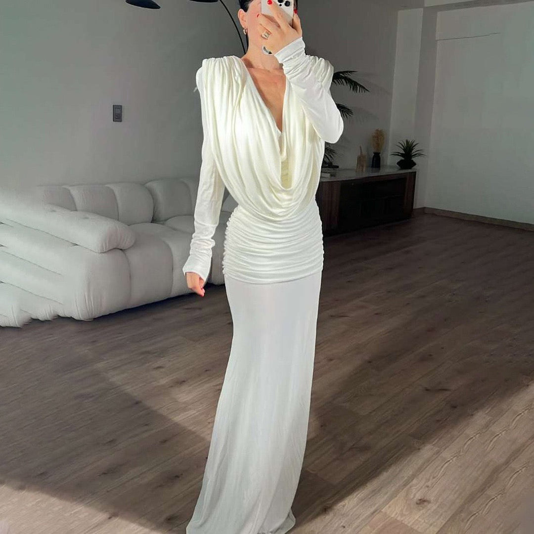 Maxi dress with gathers, pleats design, and open back - ANAEL