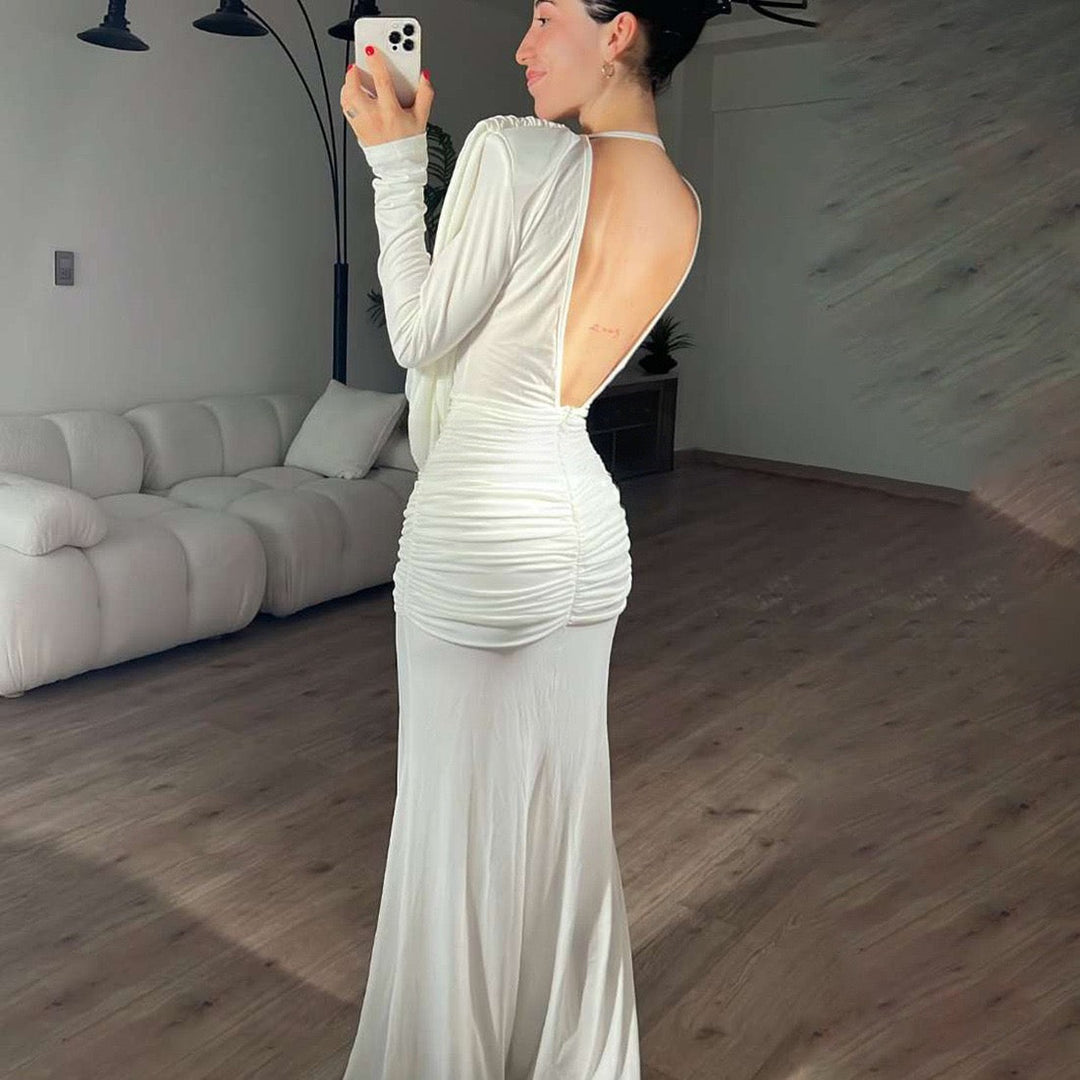 Maxi dress with gathers, pleats design, and open back - ANAEL