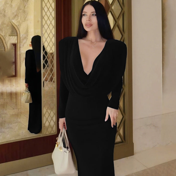 Maxi dress with gathers, pleats design, and open back - ANAEL