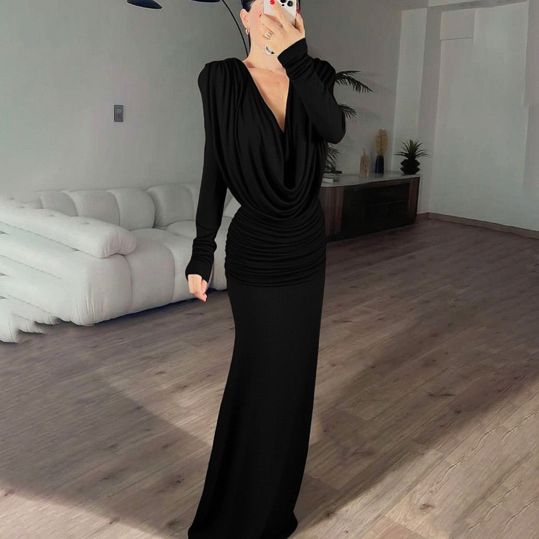 Maxi dress with gathers, pleats design, and open back - ANAEL