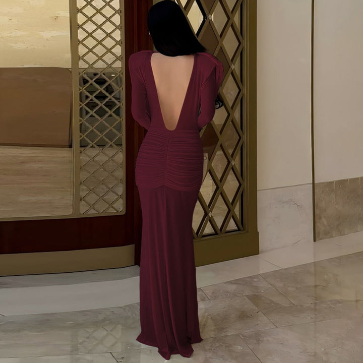 Maxi dress with gathers, pleats design, and open back - ANAEL