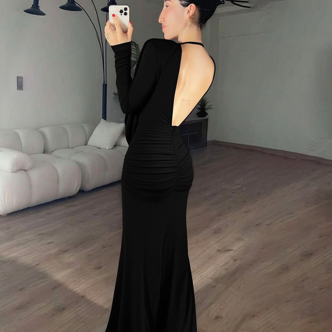 Maxi dress with gathers, pleats design, and open back - ANAEL