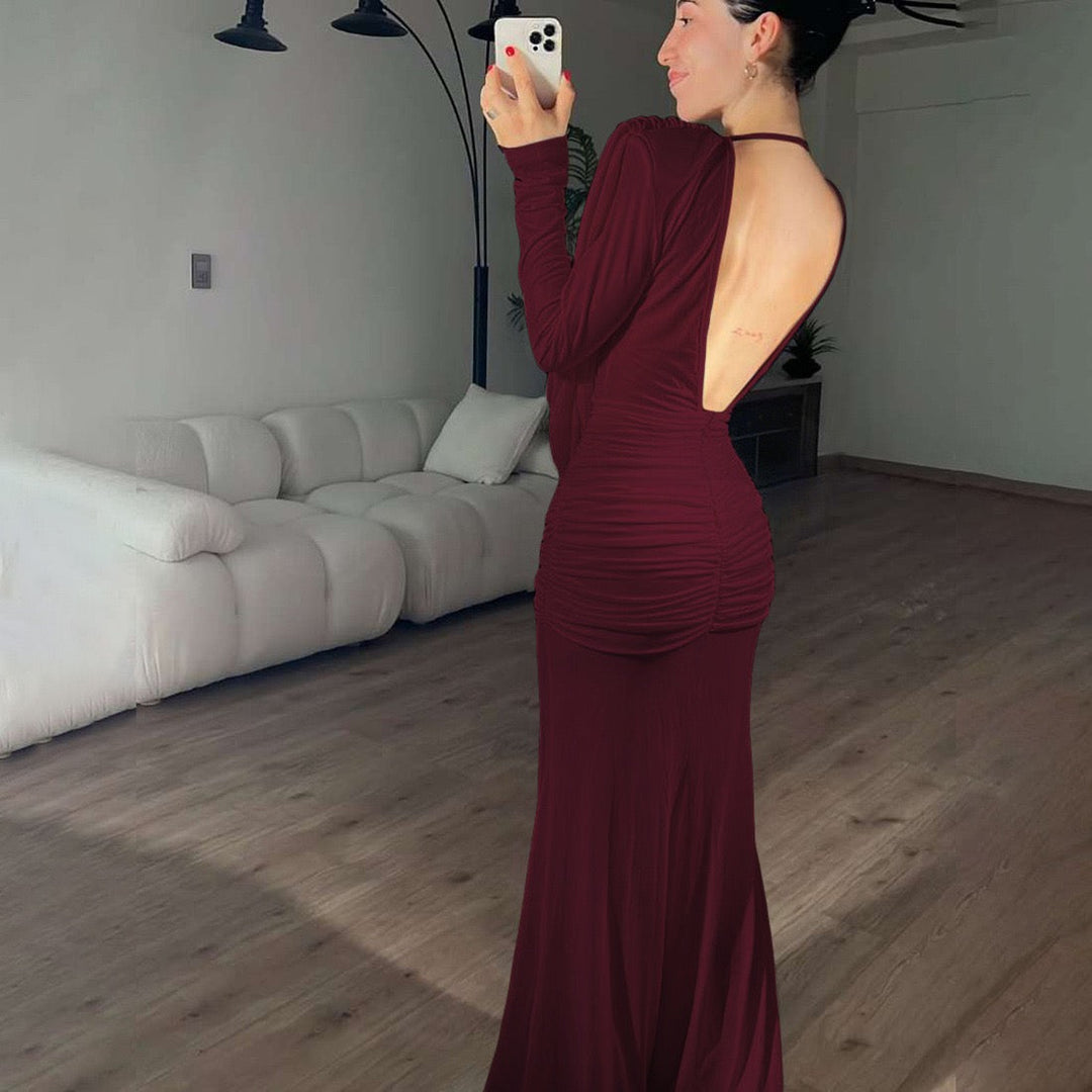 Maxi dress with gathers, pleats design, and open back - ANAEL