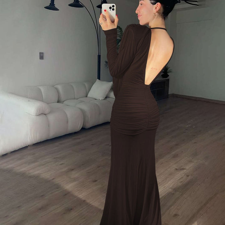 Maxi dress with gathers, pleats design, and open back - ANAEL