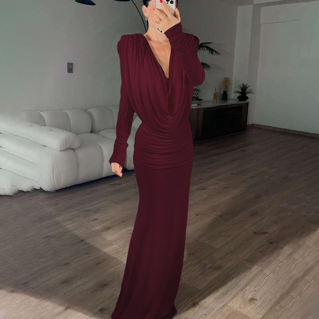 Maxi dress with gathers, pleats design, and open back - ANAEL